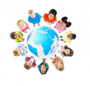 A diverse group of children circling the globe